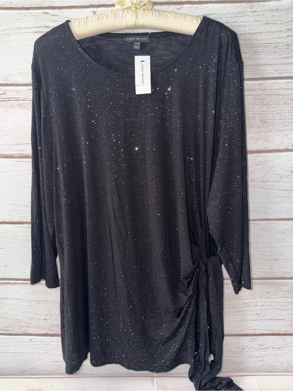 Lane Bryant 18/20 Black Glitter Knit Tunic Top Ruched Side Tie Plus Size NWT
